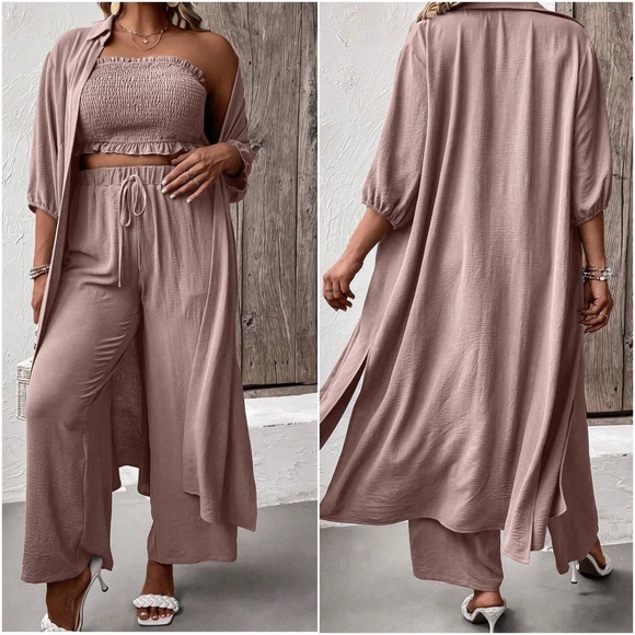 Plus Smocked Crop Top Wide leg Pants Open Front Jacket Set - Picture 4 of 6